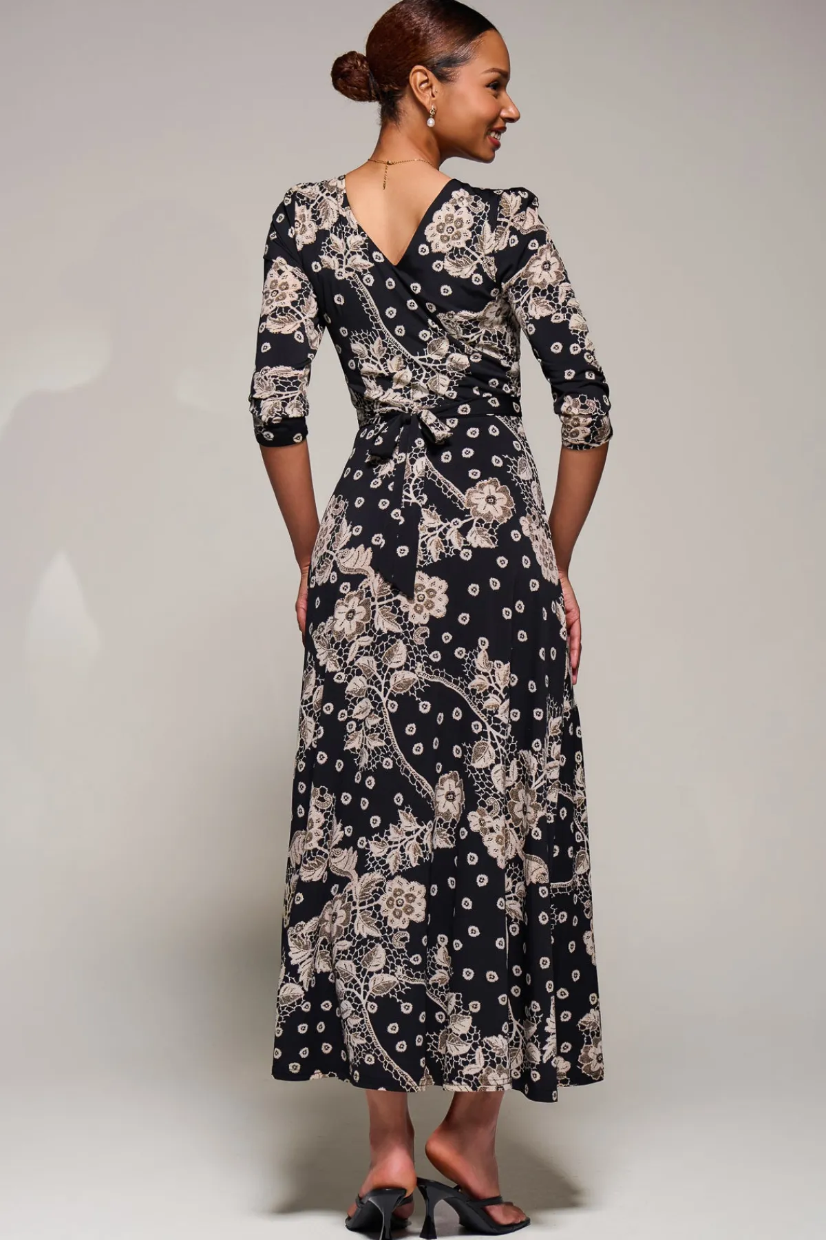 Jolie Moi Occasion Dresses|Floral Dresses-Jersey Ruched Waist Fit & Flare Maxi Dress, Black Floral