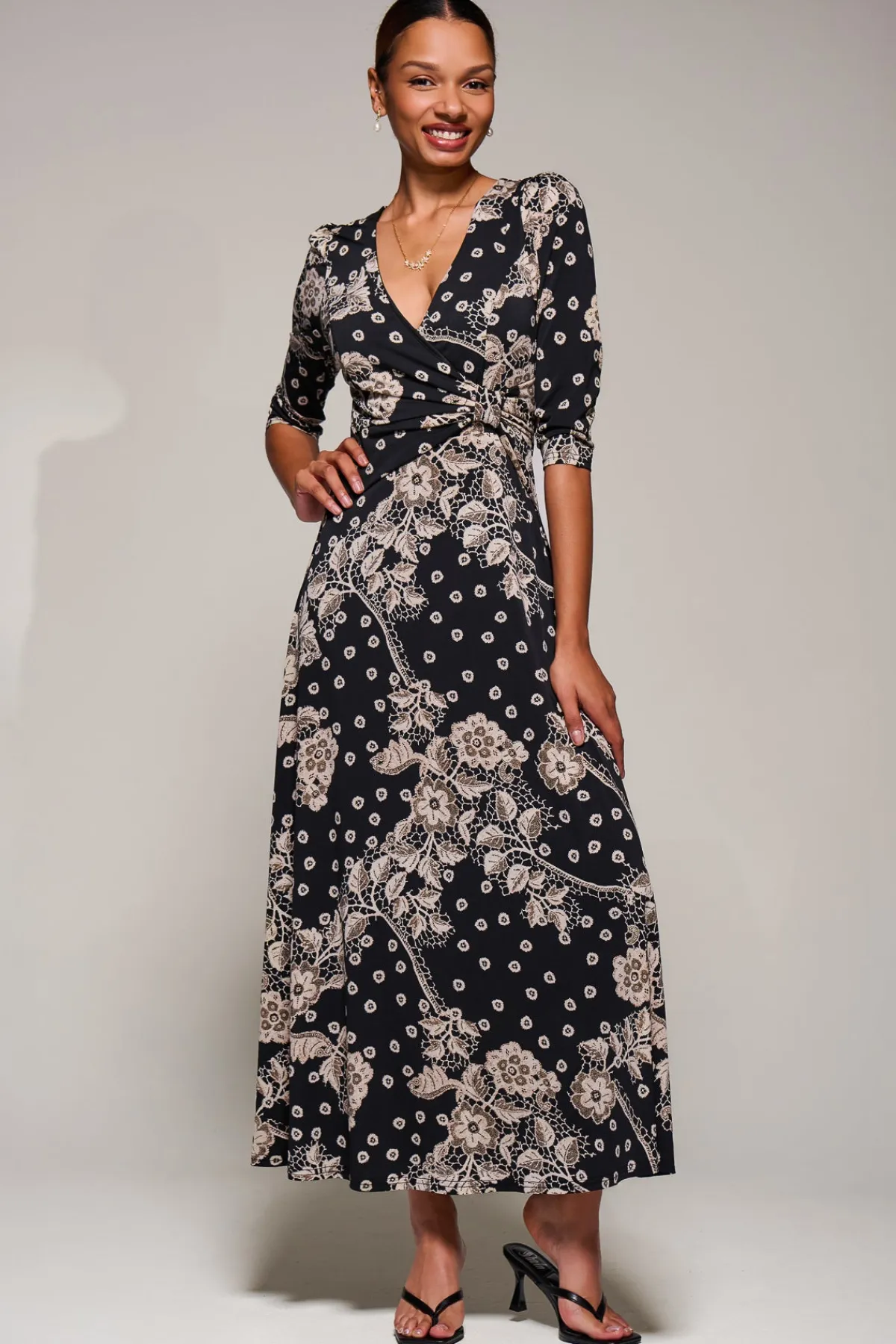 Jolie Moi Occasion Dresses|Floral Dresses-Jersey Ruched Waist Fit & Flare Maxi Dress, Black Floral