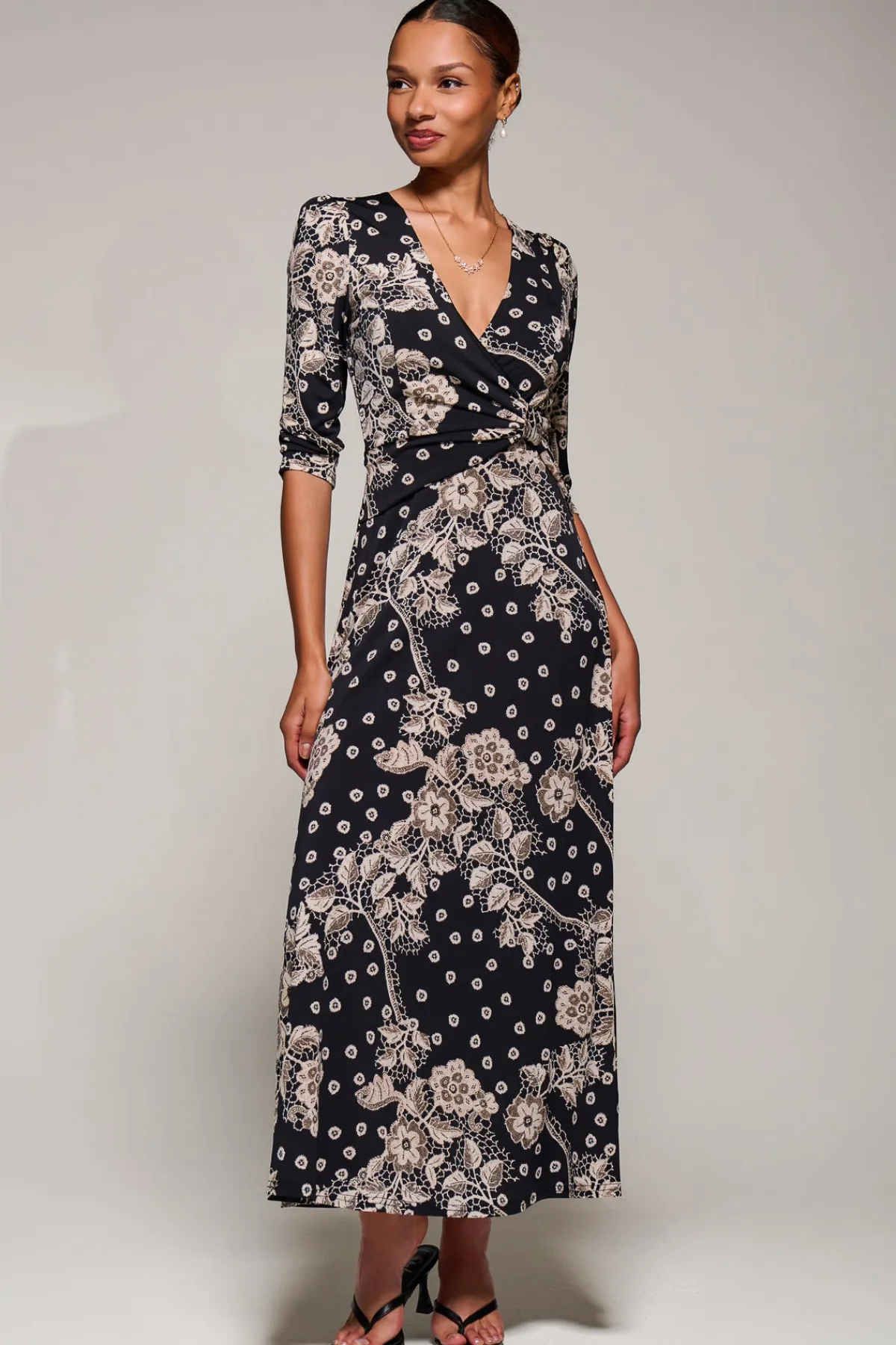 Jolie Moi Occasion Dresses|Floral Dresses-Jersey Ruched Waist Fit & Flare Maxi Dress, Black Floral