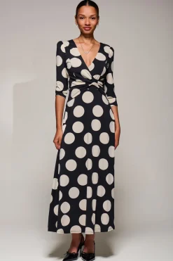 Jolie Moi Occasion Dresses|Jersey Dresses-Jersey Ruched Waist Fit & Flare Maxi Dress, Black Polka Dot