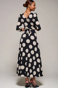 Jolie Moi Occasion Dresses|Jersey Dresses-Jersey Ruched Waist Fit & Flare Maxi Dress, Black Polka Dot