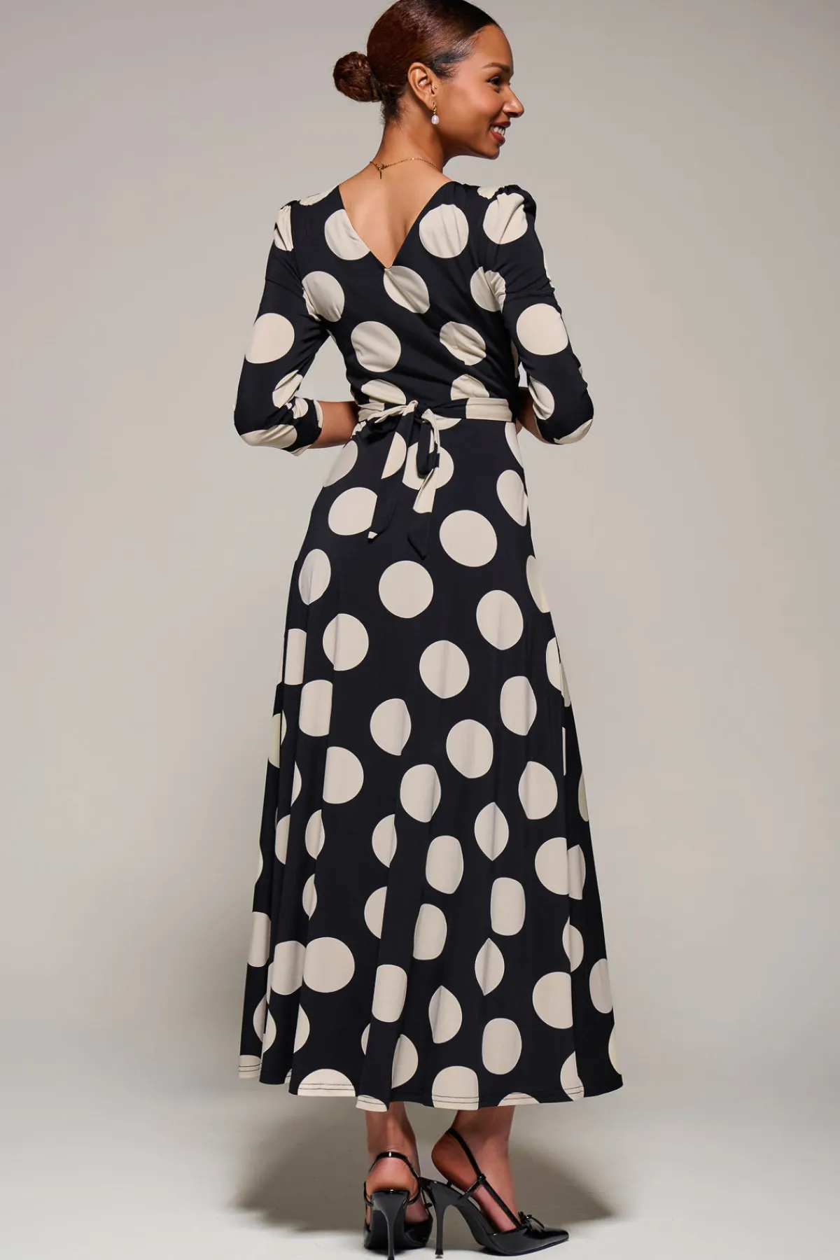 Jolie Moi Occasion Dresses|Jersey Dresses-Jersey Ruched Waist Fit & Flare Maxi Dress, Black Polka Dot