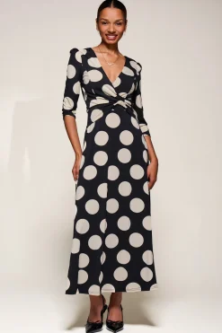Jolie Moi Occasion Dresses|Jersey Dresses-Jersey Ruched Waist Fit & Flare Maxi Dress, Black Polka Dot