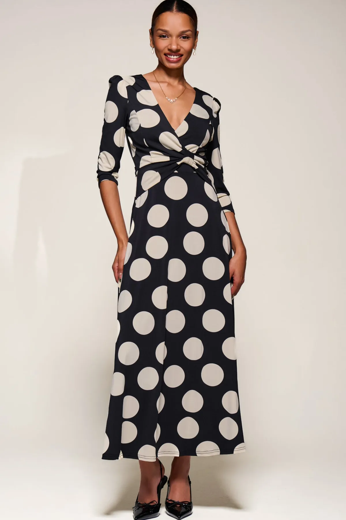 Jolie Moi Occasion Dresses|Jersey Dresses-Jersey Ruched Waist Fit & Flare Maxi Dress, Black Polka Dot