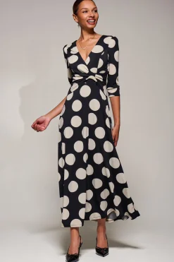Jolie Moi Occasion Dresses|Jersey Dresses-Jersey Ruched Waist Fit & Flare Maxi Dress, Black Polka Dot