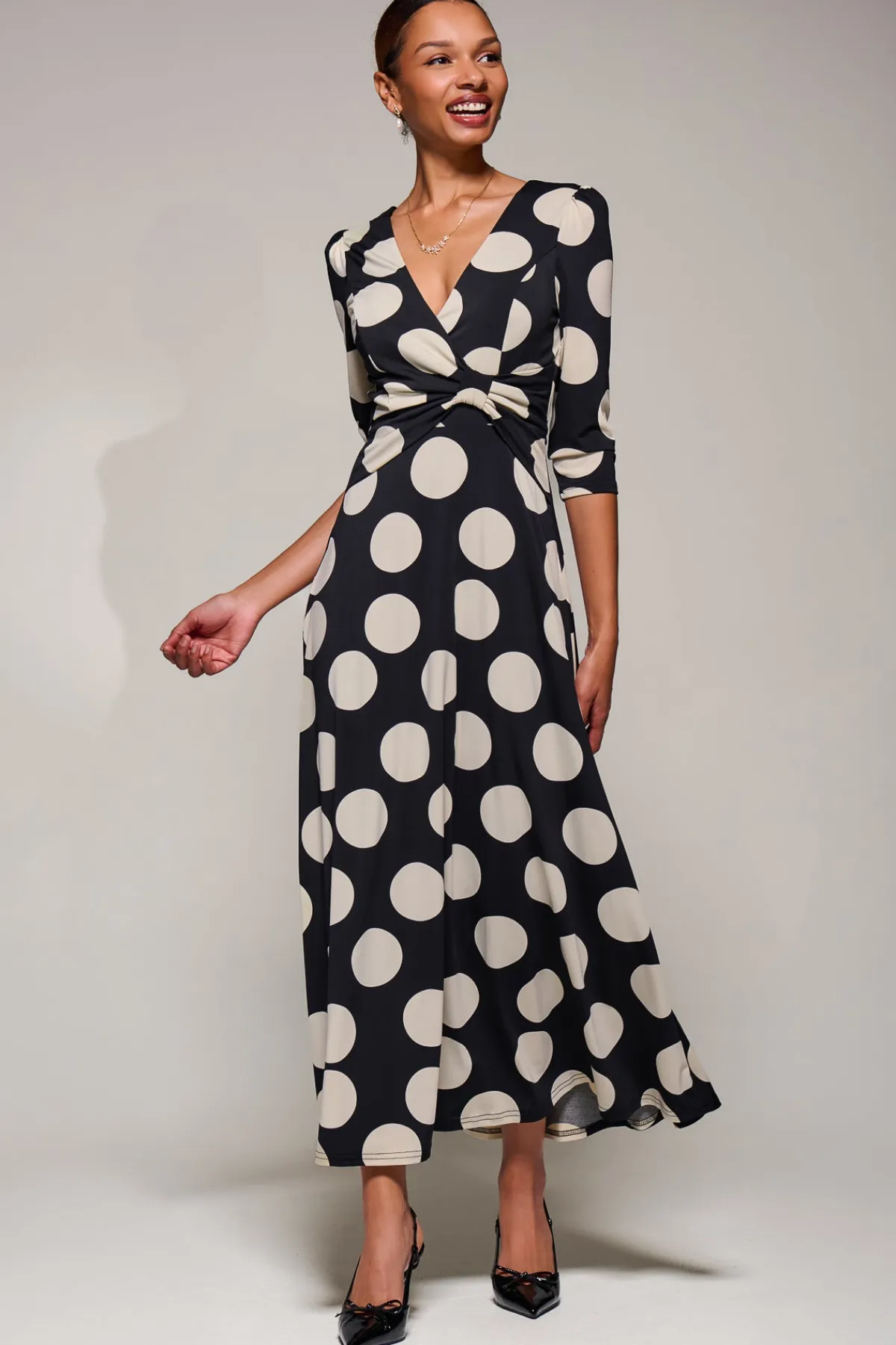 Jolie Moi Occasion Dresses|Jersey Dresses-Jersey Ruched Waist Fit & Flare Maxi Dress, Black Polka Dot