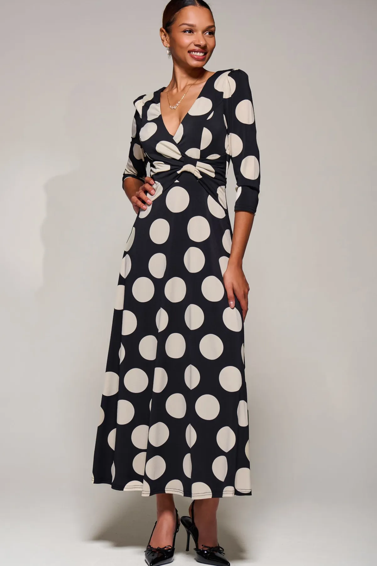 Jolie Moi Occasion Dresses|Jersey Dresses-Jersey Ruched Waist Fit & Flare Maxi Dress, Black Polka Dot