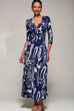 Jolie Moi Occasion Dresses|Jersey Dresses-Jersey Ruched Waist Fit & Flare Maxi Dress, Navy Abstract