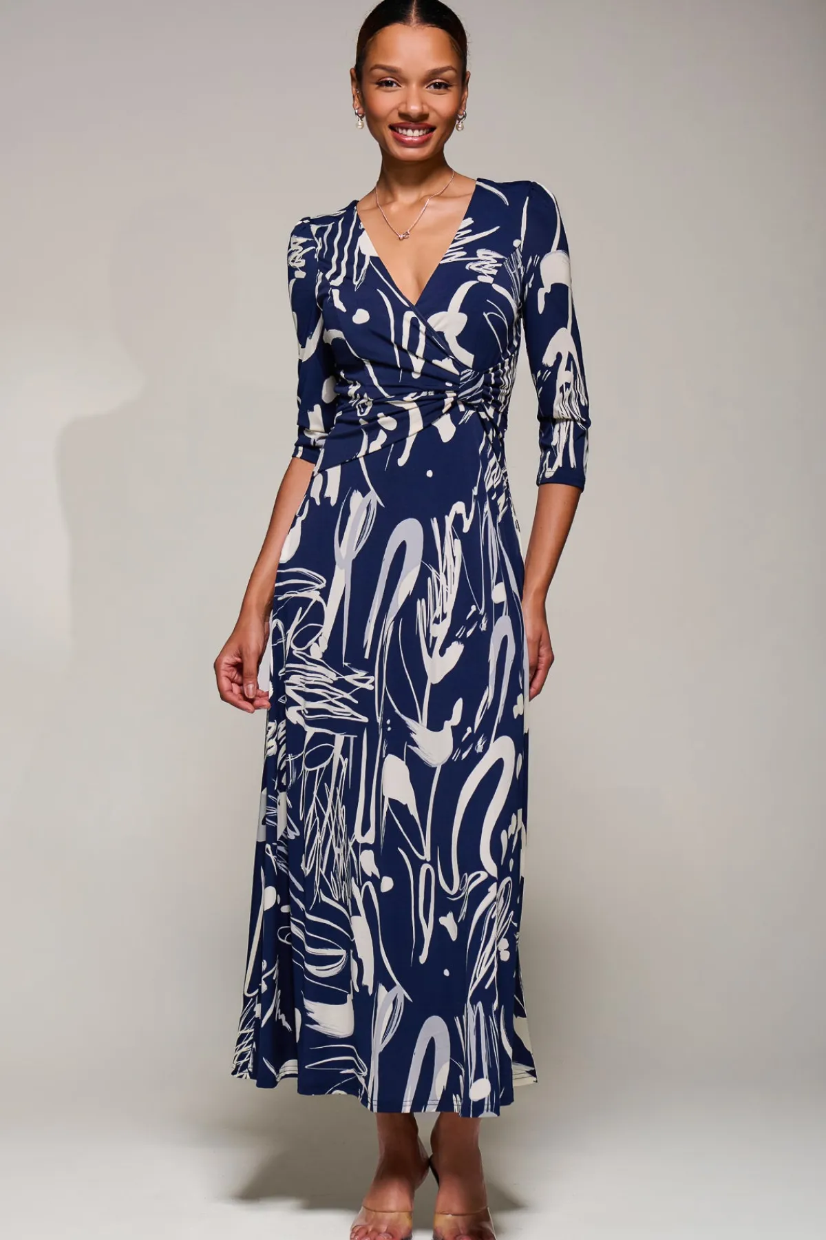 Jolie Moi Occasion Dresses|Jersey Dresses-Jersey Ruched Waist Fit & Flare Maxi Dress, Navy Abstract