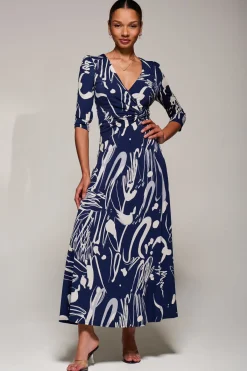Jolie Moi Occasion Dresses|Jersey Dresses-Jersey Ruched Waist Fit & Flare Maxi Dress, Navy Abstract