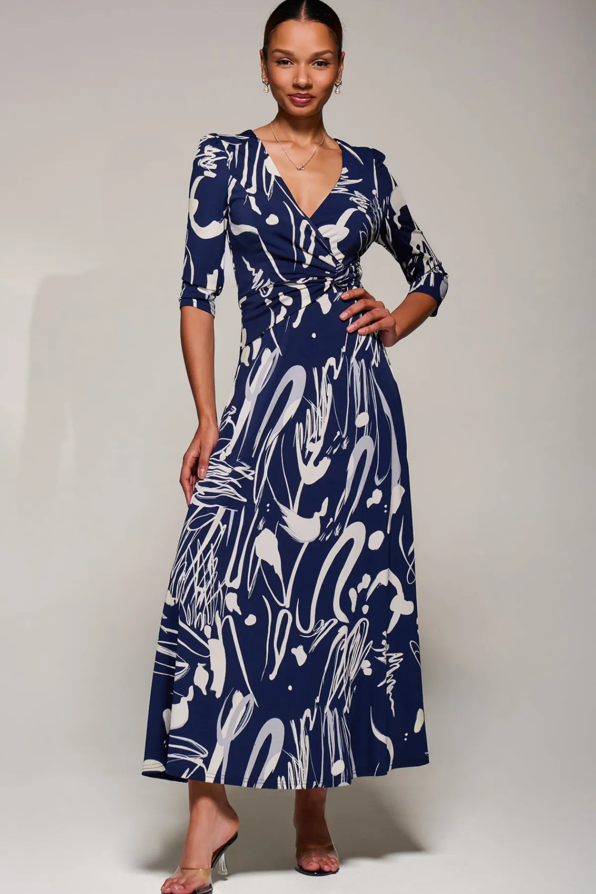 Jolie Moi Occasion Dresses|Jersey Dresses-Jersey Ruched Waist Fit & Flare Maxi Dress, Navy Abstract