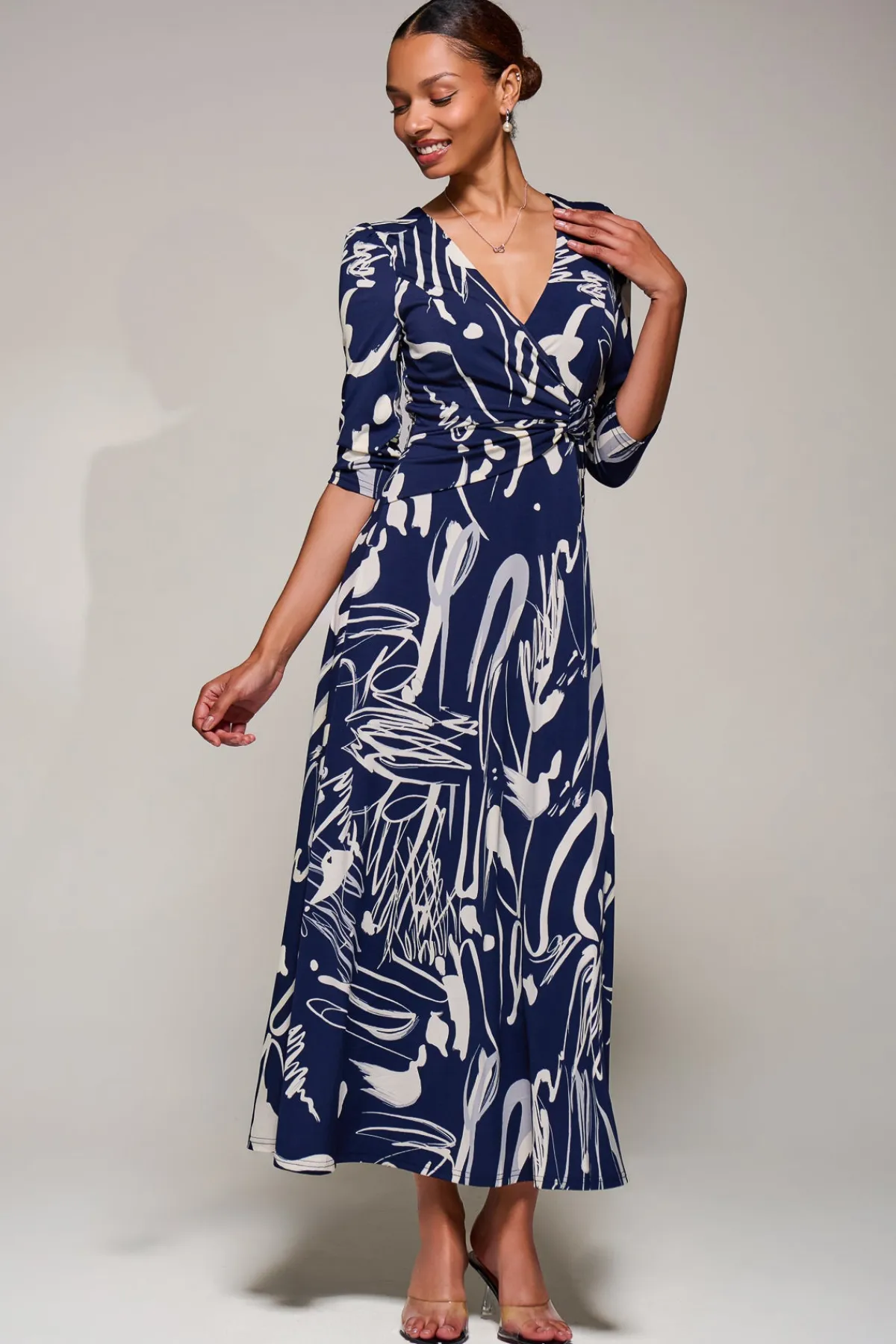 Jolie Moi Occasion Dresses|Jersey Dresses-Jersey Ruched Waist Fit & Flare Maxi Dress, Navy Abstract