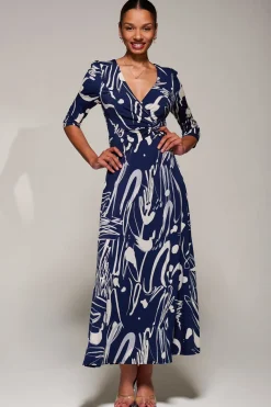 Jolie Moi Occasion Dresses|Jersey Dresses-Jersey Ruched Waist Fit & Flare Maxi Dress, Navy Abstract