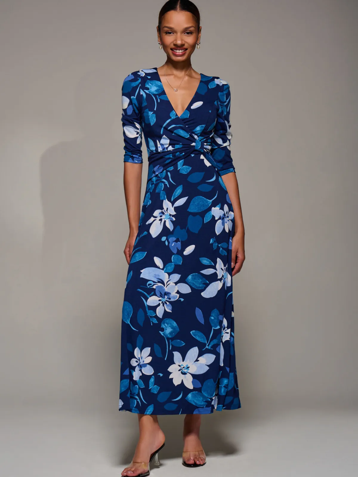 Jolie Moi Occasion Dresses|Floral Dresses-Jersey Ruched Waist Fit & Flare Maxi Dress, Navy Floral