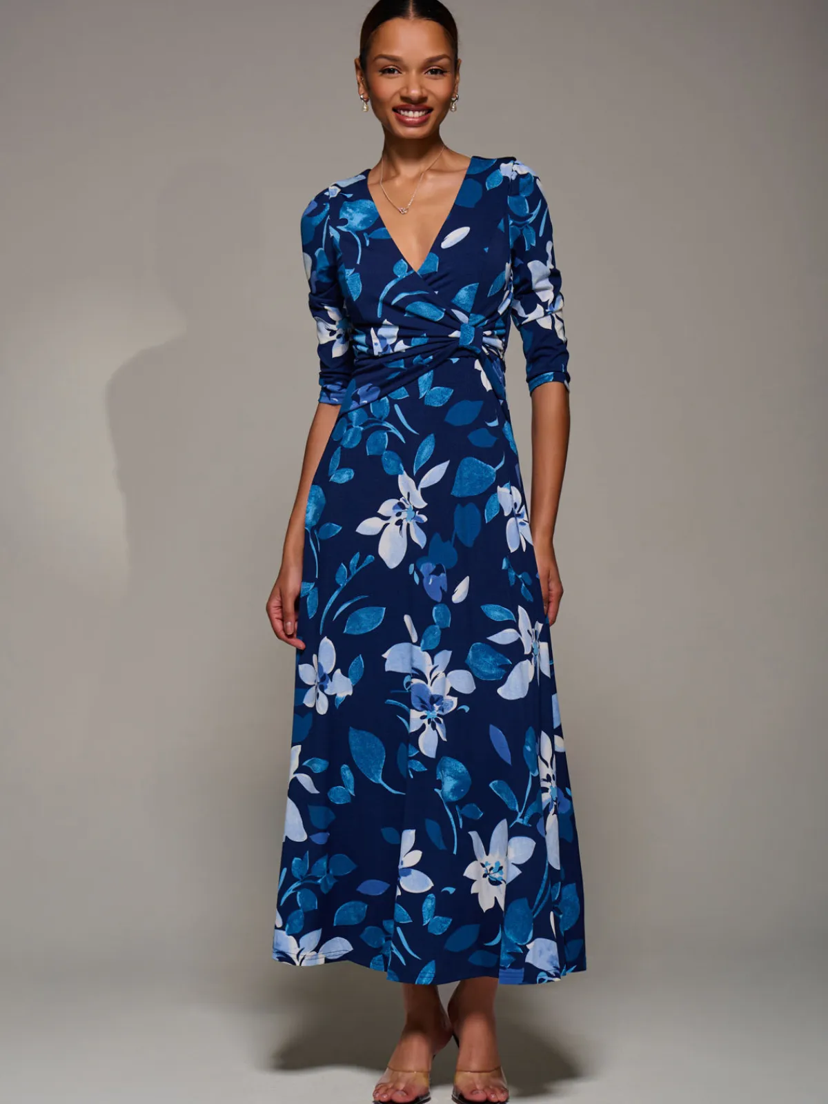 Jolie Moi Occasion Dresses|Floral Dresses-Jersey Ruched Waist Fit & Flare Maxi Dress, Navy Floral