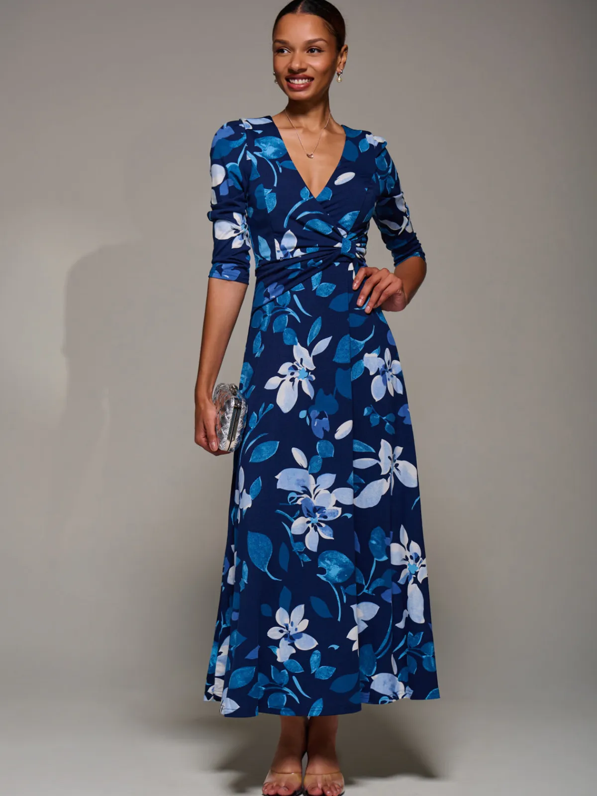 Jolie Moi Occasion Dresses|Floral Dresses-Jersey Ruched Waist Fit & Flare Maxi Dress, Navy Floral