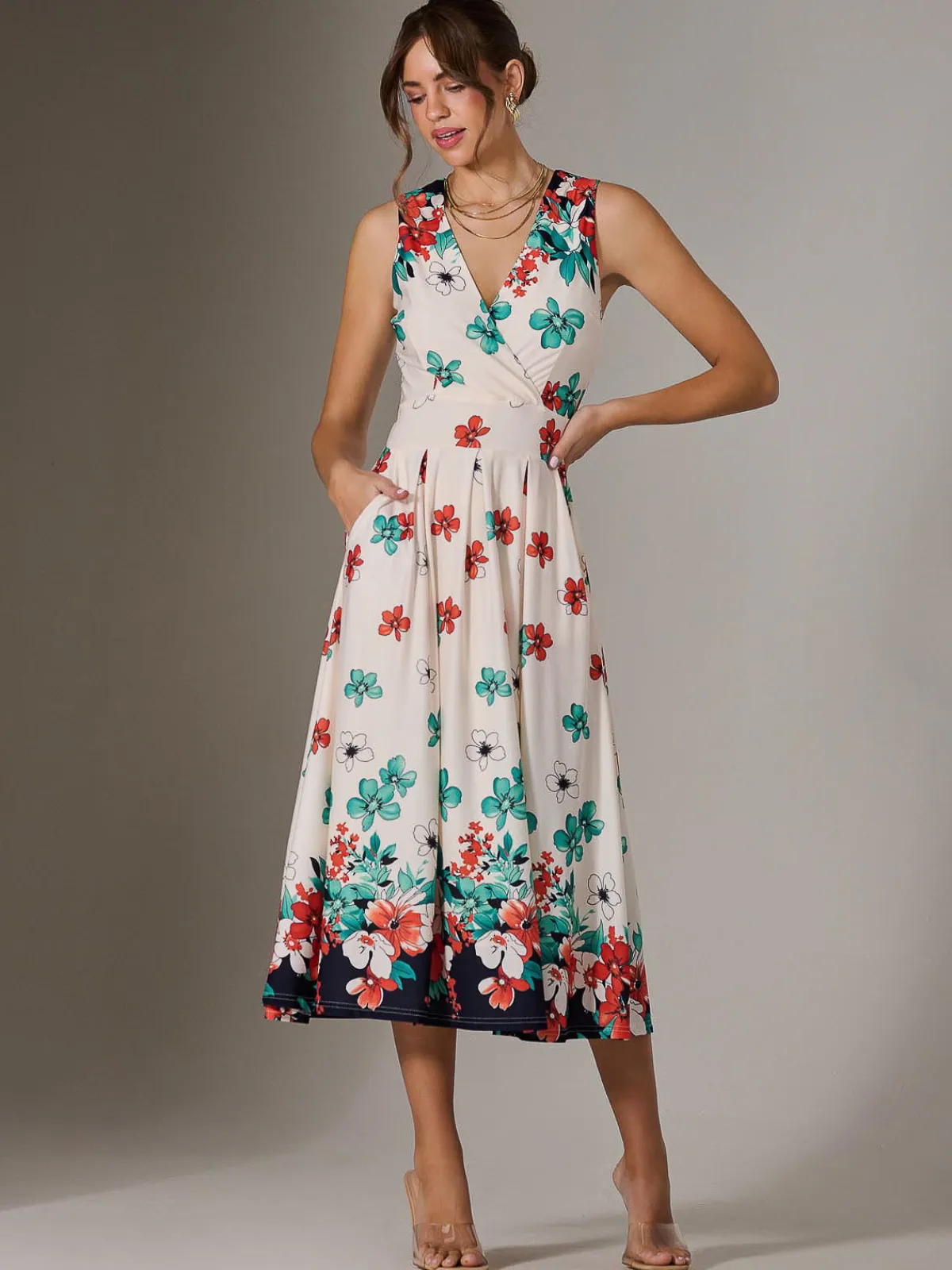 Jolie Moi Occasion Dresses|Floral Dresses-Jersey Sleeveless Midi Dress, Black Floral