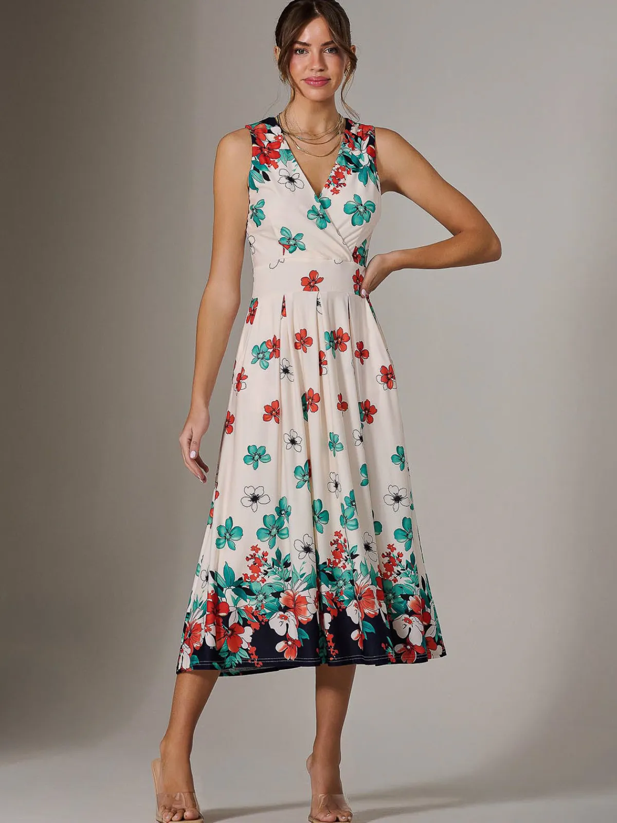 Jolie Moi Occasion Dresses|Floral Dresses-Jersey Sleeveless Midi Dress, Black Floral