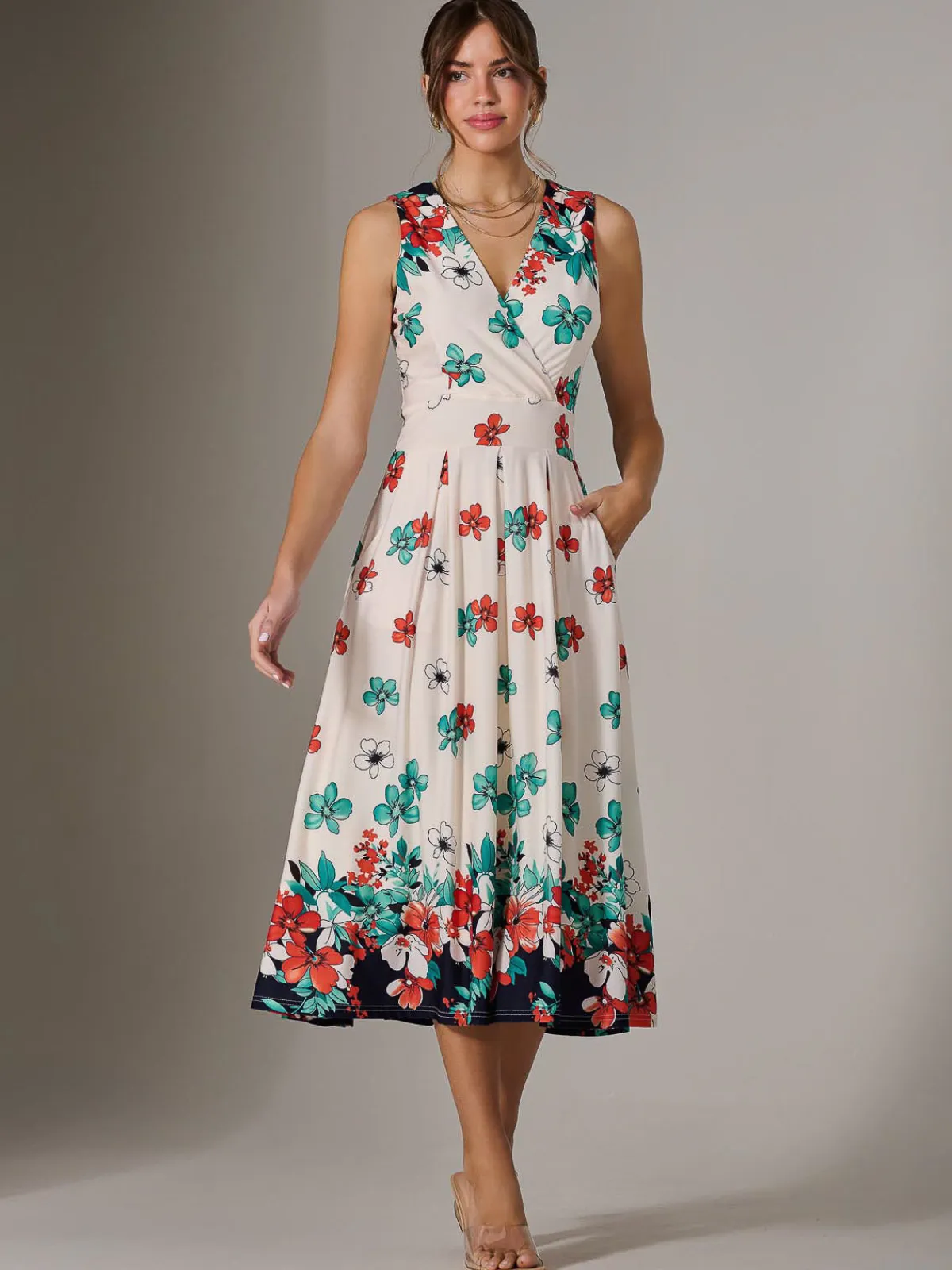 Jolie Moi Occasion Dresses|Floral Dresses-Jersey Sleeveless Midi Dress, Black Floral