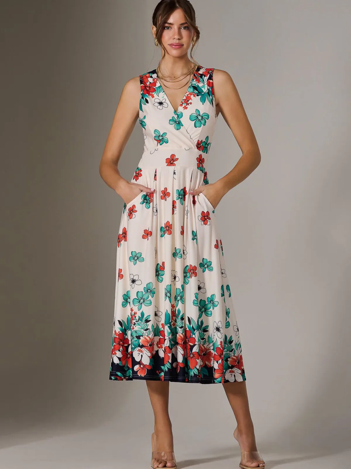 Jolie Moi Occasion Dresses|Floral Dresses-Jersey Sleeveless Midi Dress, Black Floral