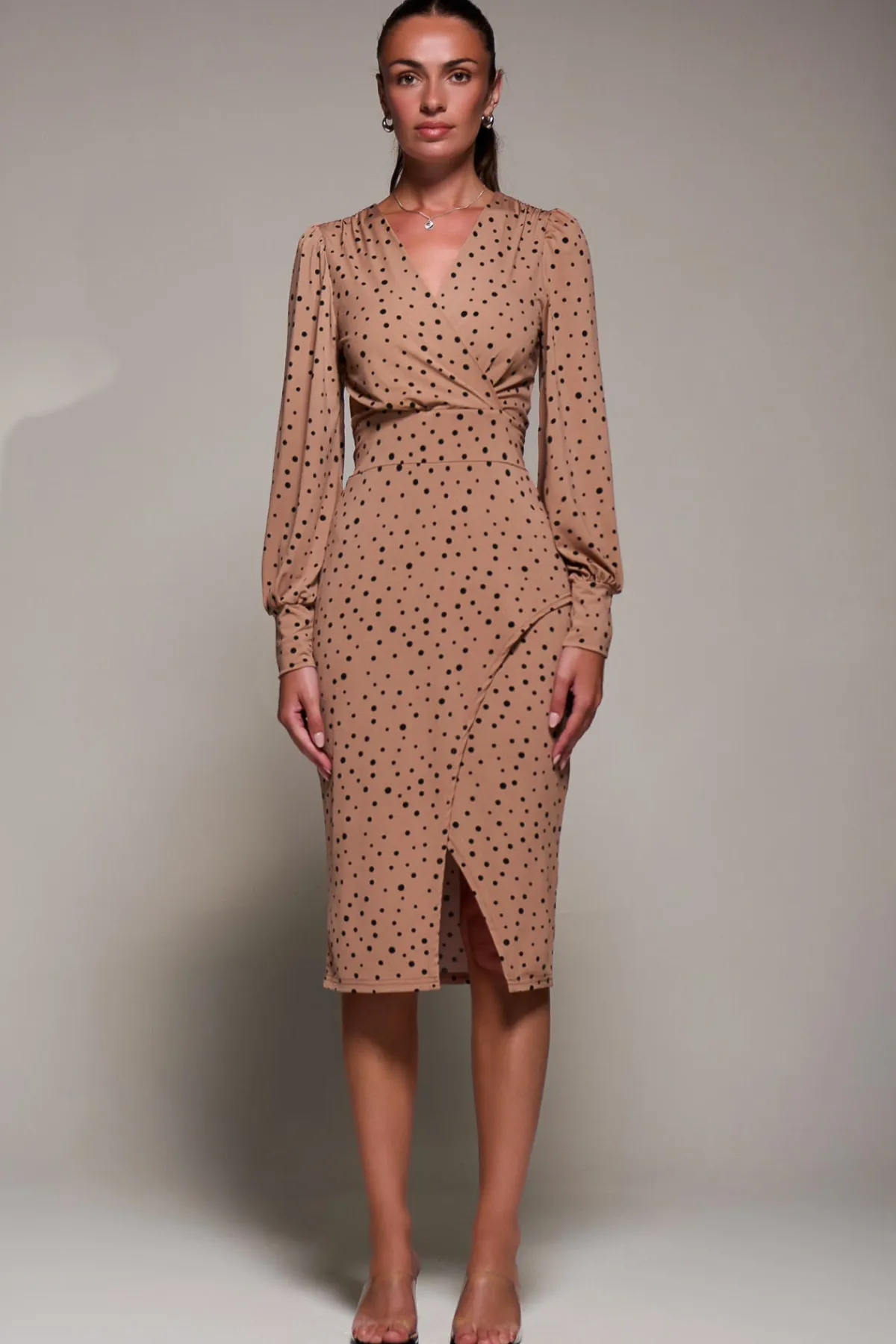 Jolie Moi Occasion Dresses|Jersey Dresses-Jersey Wrap Slit Pencil Dress, Black Spot