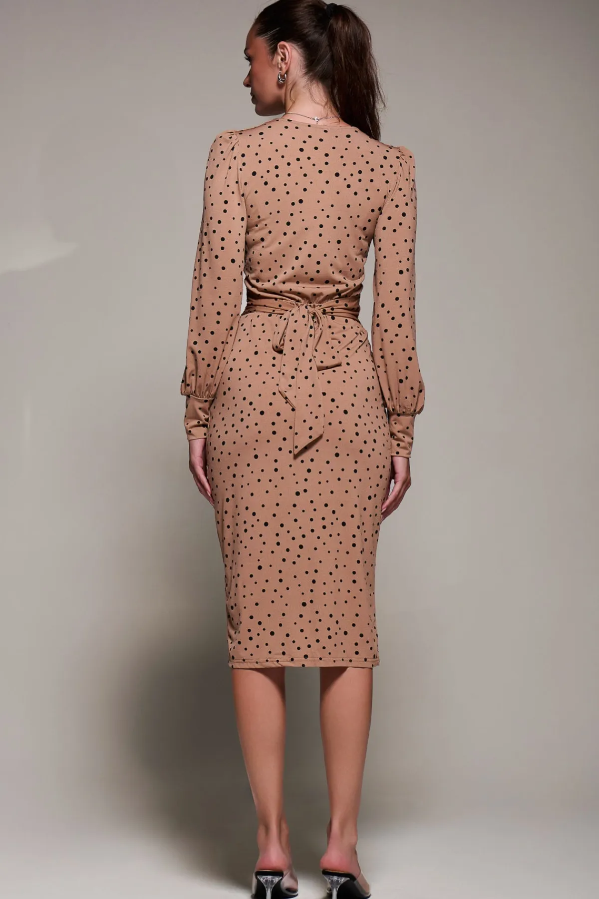 Jolie Moi Occasion Dresses|Jersey Dresses-Jersey Wrap Slit Pencil Dress, Black Spot