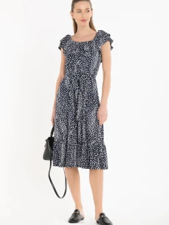 Jolie Moi Occasion Dresses|Jersey Dresses-Abstract Spot Ruffle Midi Dress, Navy Animal