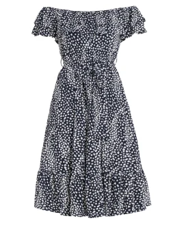 Jolie Moi Occasion Dresses|Jersey Dresses-Abstract Spot Ruffle Midi Dress, Navy Animal
