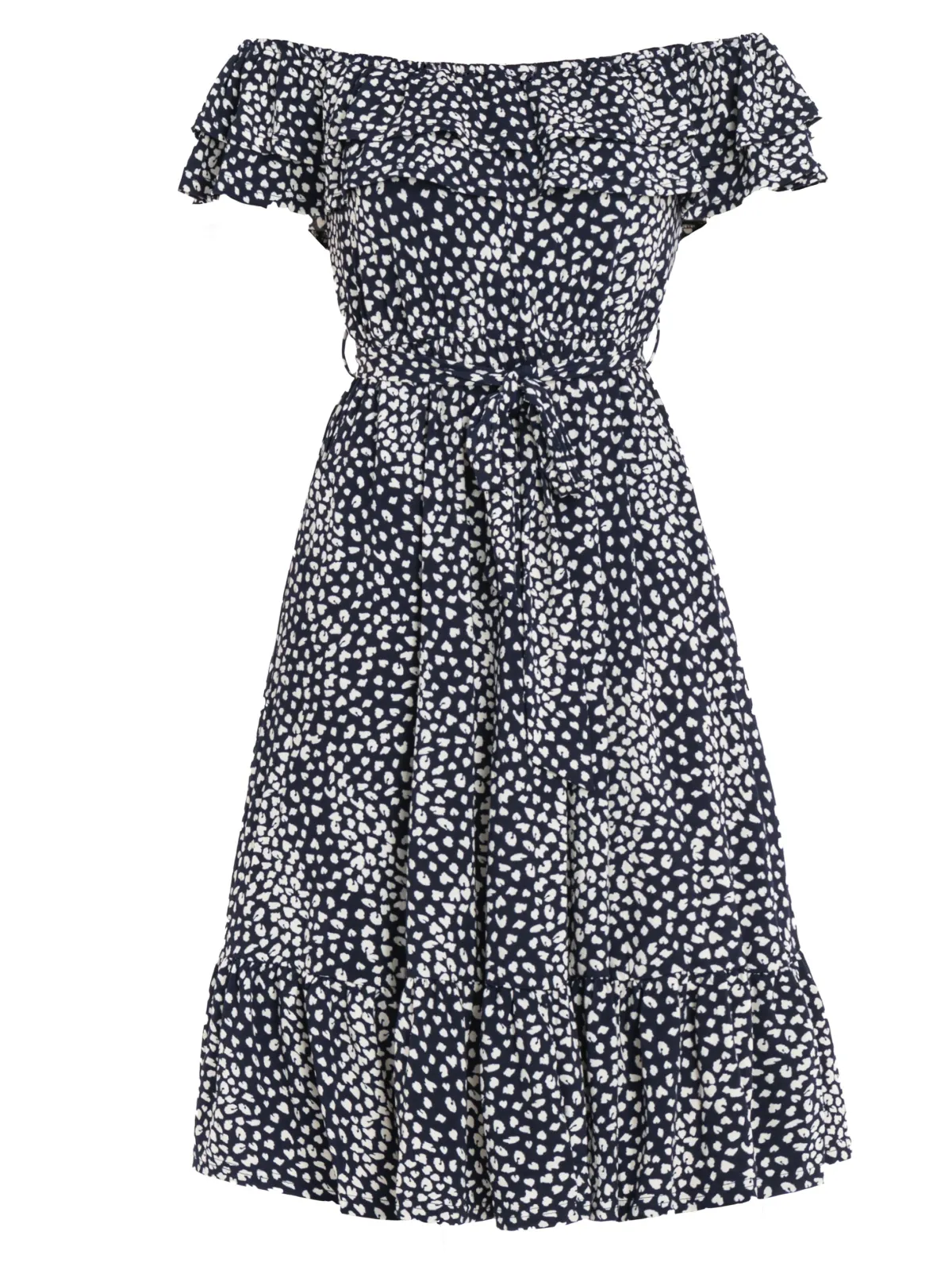 Jolie Moi Occasion Dresses|Jersey Dresses-Abstract Spot Ruffle Midi Dress, Navy Animal