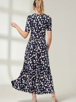 Jolie Moi Occasion Dresses|Floral Dresses-Acadia Floral Print Wrap Maxi Dress, Navy White Floral