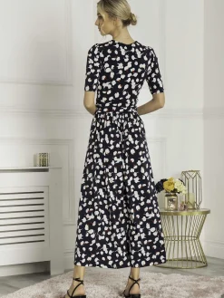 Jolie Moi Occasion Dresses|Floral Dresses-Acadia Floral Print Wrap Maxi Dress, Navy White Floral