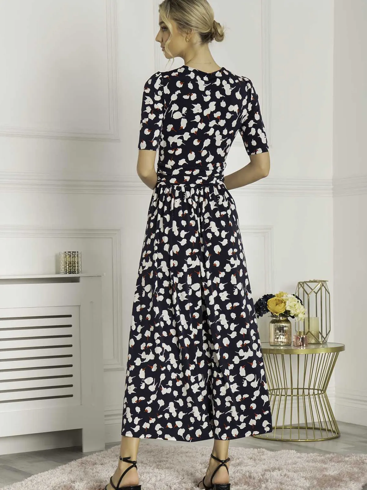 Jolie Moi Occasion Dresses|Floral Dresses-Acadia Floral Print Wrap Maxi Dress, Navy White Floral