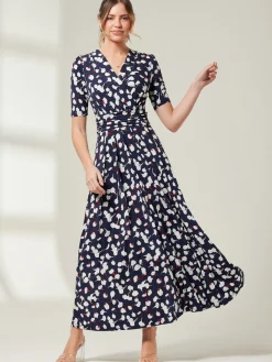 Jolie Moi Occasion Dresses|Floral Dresses-Acadia Floral Print Wrap Maxi Dress, Navy White Floral