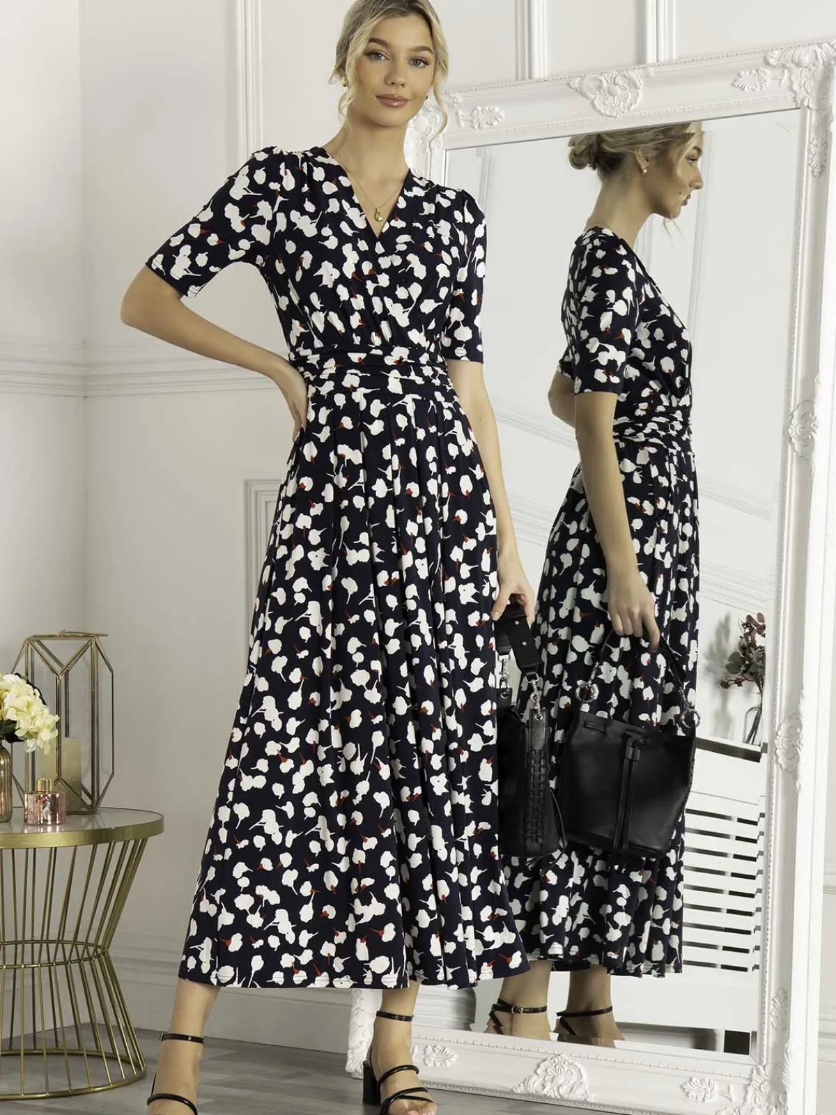 Jolie Moi Occasion Dresses|Floral Dresses-Acadia Floral Print Wrap Maxi Dress, Navy White Floral