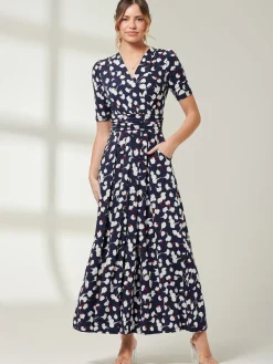 Jolie Moi Occasion Dresses|Floral Dresses-Acadia Floral Print Wrap Maxi Dress, Navy White Floral