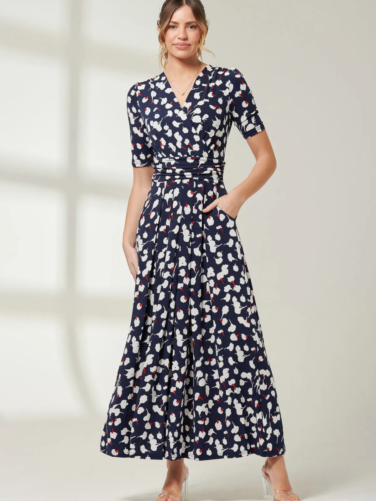 Jolie Moi Occasion Dresses|Floral Dresses-Acadia Floral Print Wrap Maxi Dress, Navy White Floral