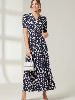 Jolie Moi Occasion Dresses|Floral Dresses-Acadia Floral Print Wrap Maxi Dress, Navy White Floral