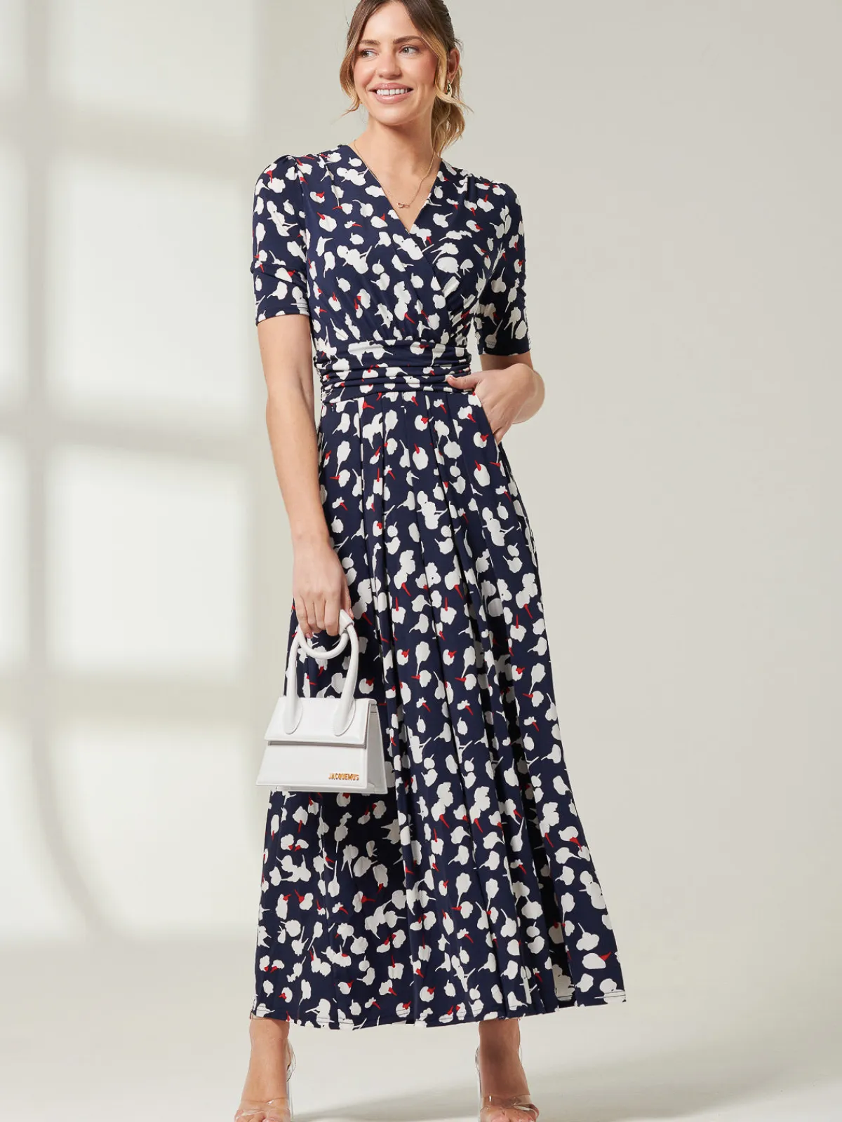 Jolie Moi Occasion Dresses|Floral Dresses-Acadia Floral Print Wrap Maxi Dress, Navy White Floral