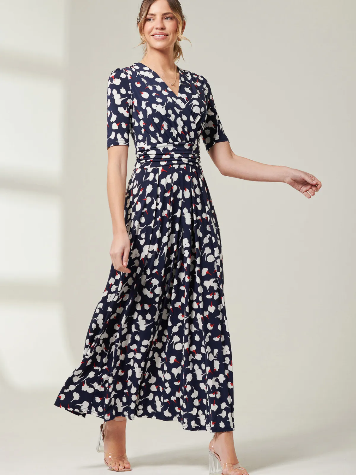 Jolie Moi Occasion Dresses|Floral Dresses-Acadia Floral Print Wrap Maxi Dress, Navy White Floral