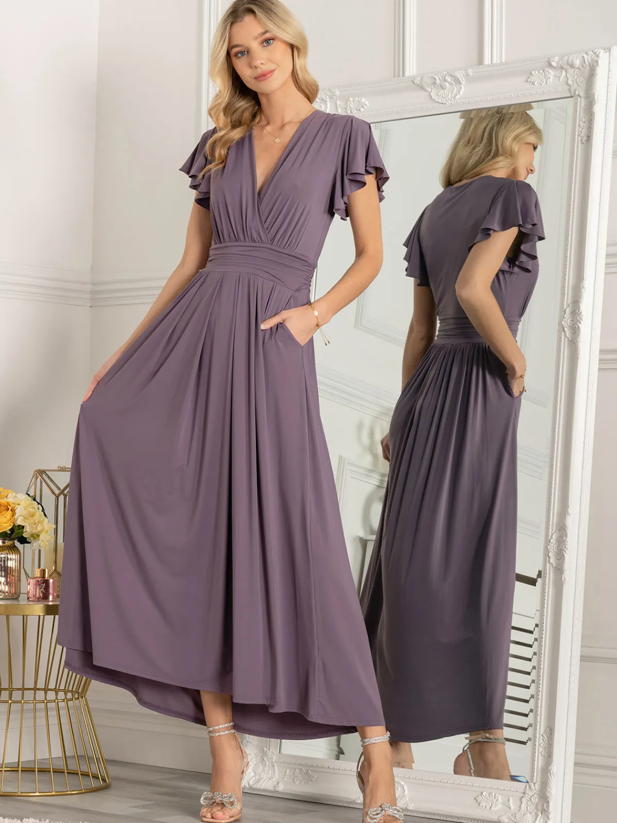 Jolie Moi Occasion Dresses|Jersey Dresses-Airene Cap Sleeve Maxi Dress, Mauve Purple