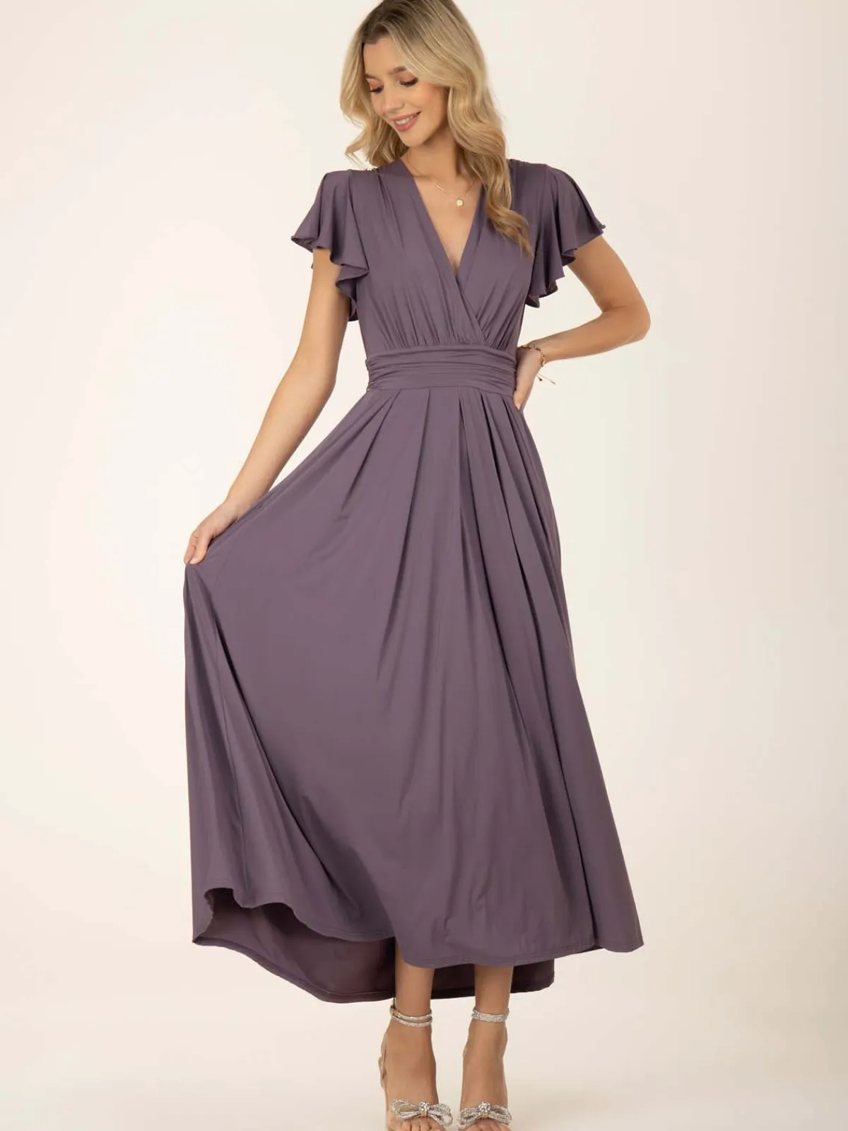 Jolie Moi Occasion Dresses|Jersey Dresses-Airene Cap Sleeve Maxi Dress, Mauve Purple