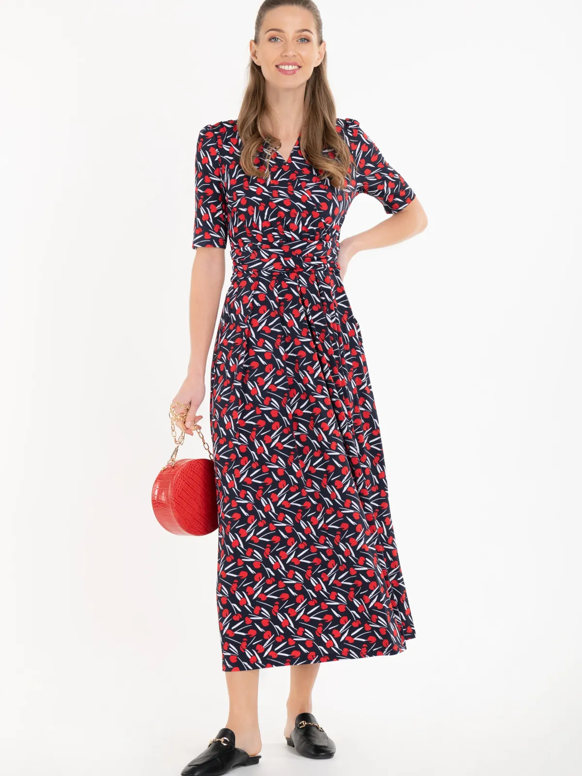 Jolie Moi Occasion Dresses|Jersey Dresses-Amaka Floral Midi Dress, Navy Floral