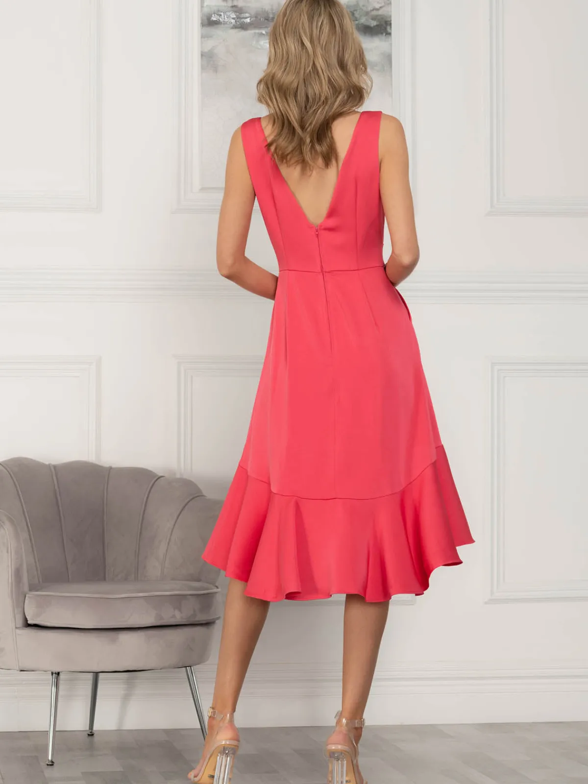 Jolie Moi Occasion Dresses|Sleeveless Dresses-Annabeth V Neck Flare Dress, Pink
