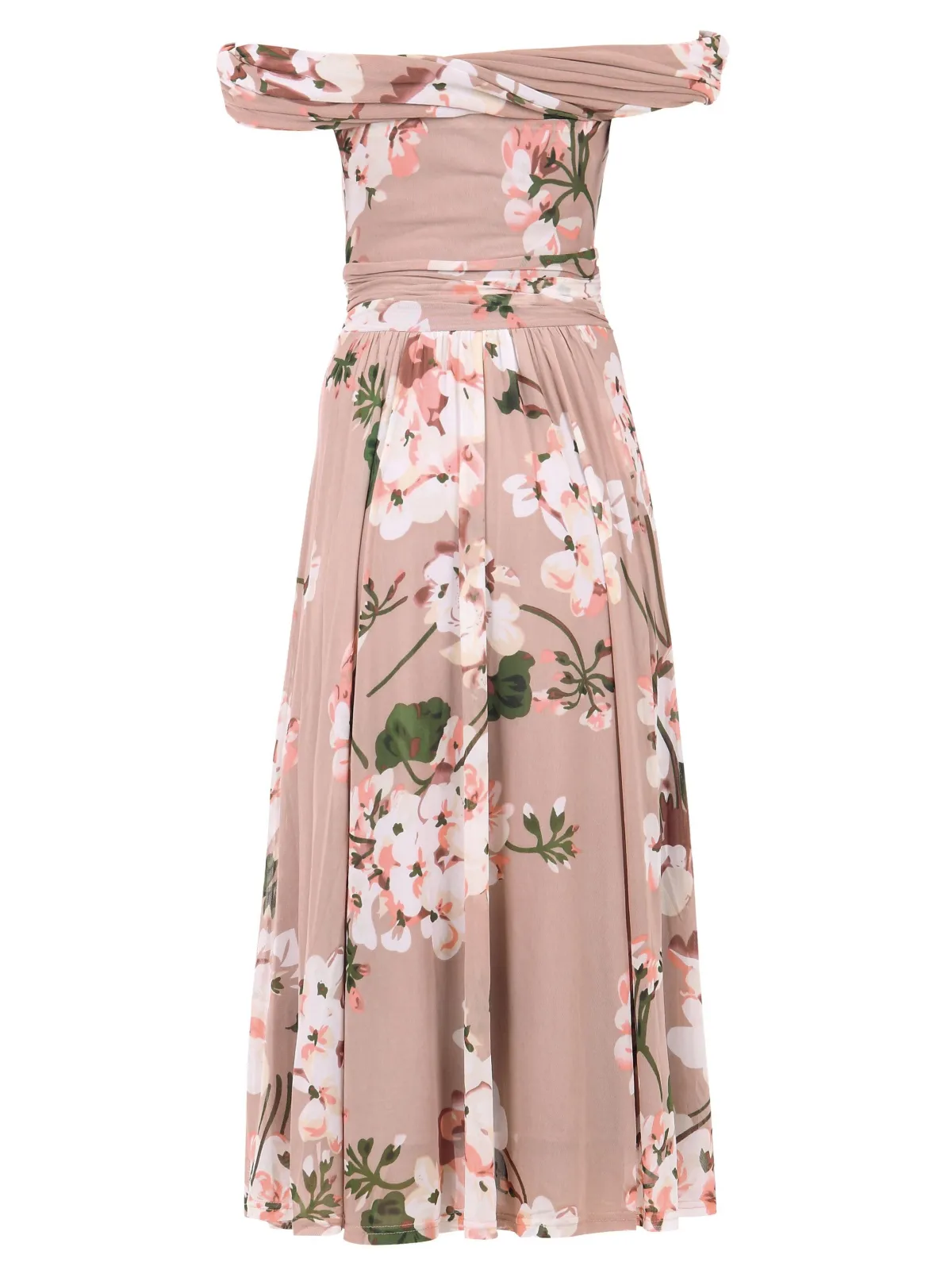 Jolie Moi Occasion Dresses|Floral Dresses-Bardot Floral Mesh Midi Dress, Pink Floral