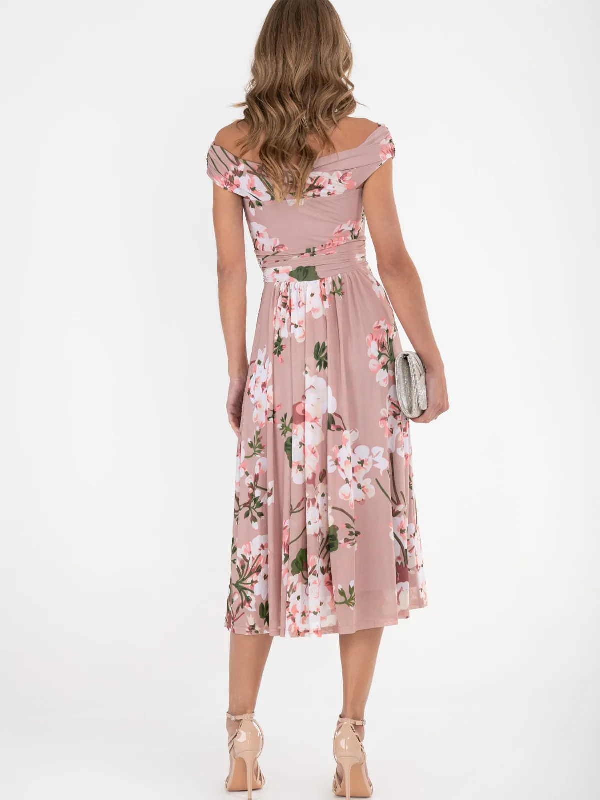 Jolie Moi Occasion Dresses|Floral Dresses-Bardot Floral Mesh Midi Dress, Pink Floral