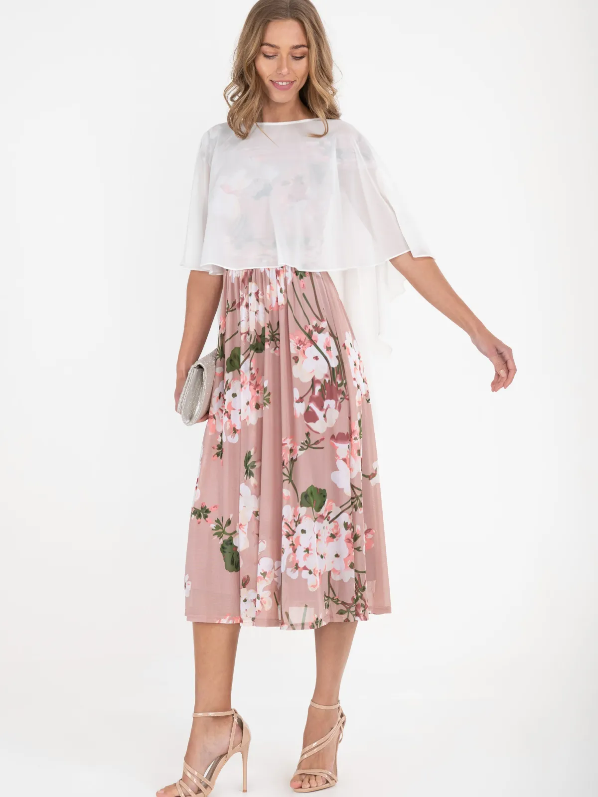 Jolie Moi Occasion Dresses|Floral Dresses-Bardot Floral Mesh Midi Dress, Pink Floral