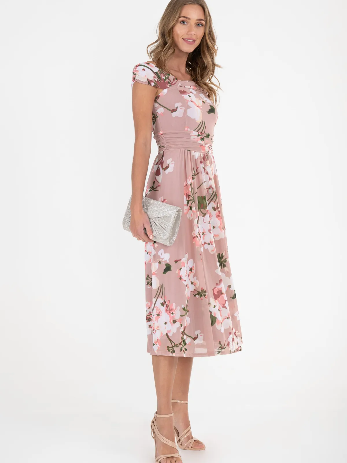 Jolie Moi Occasion Dresses|Floral Dresses-Bardot Floral Mesh Midi Dress, Pink Floral