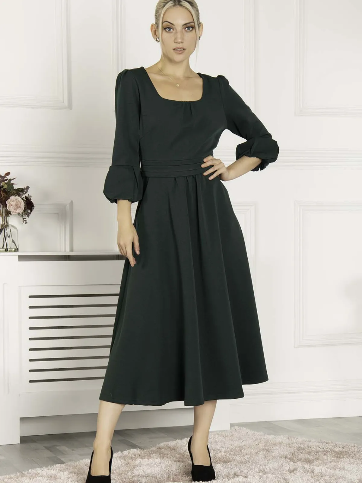 Jolie Moi Occasion Dresses|Office Wear-Bell Sleeve Midi Dress, Dark Green
