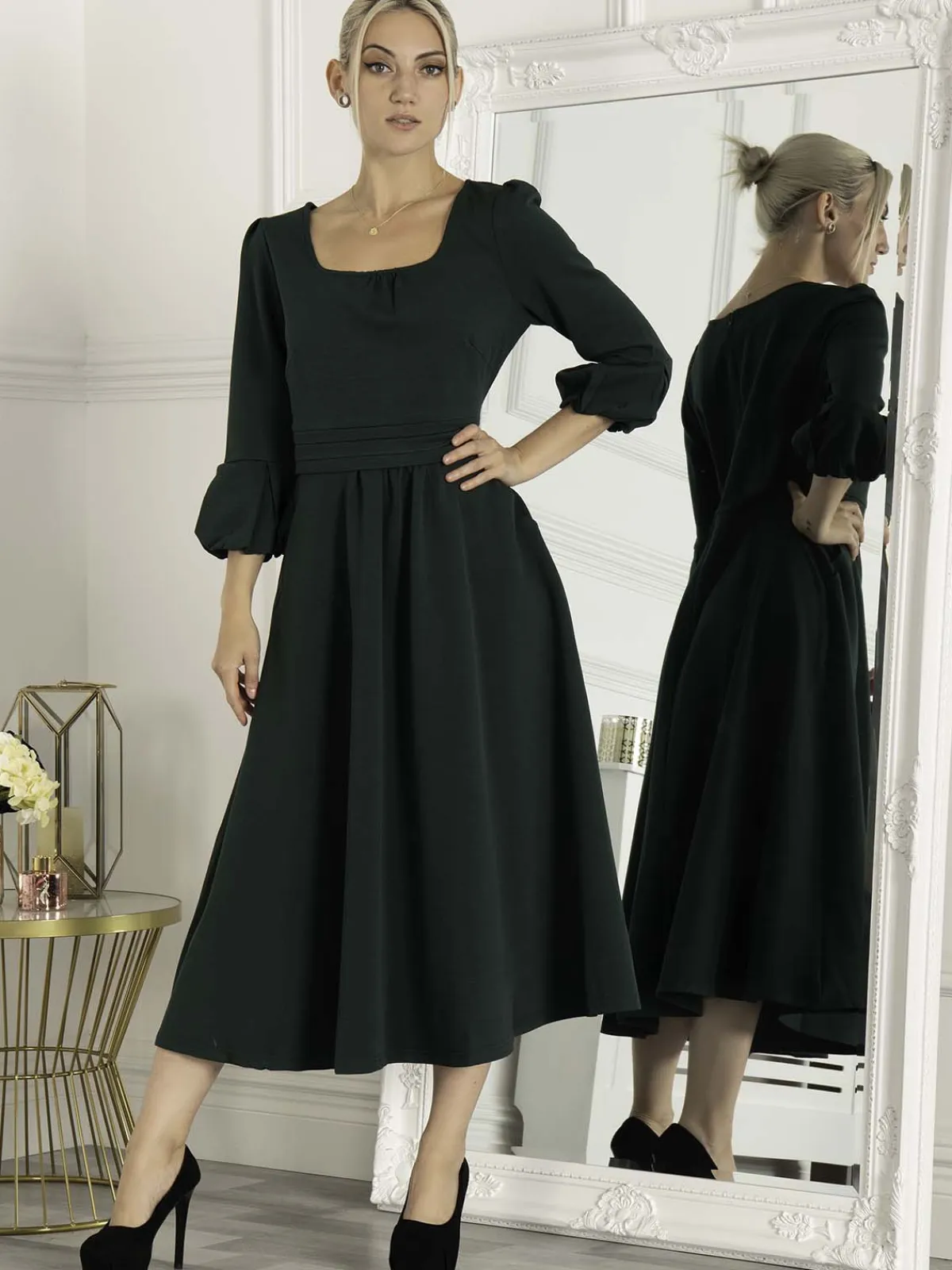 Jolie Moi Occasion Dresses|Office Wear-Bell Sleeve Midi Dress, Dark Green