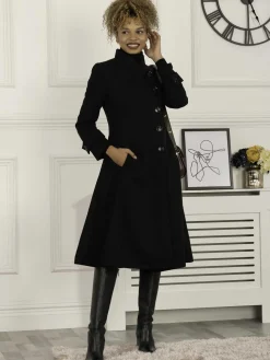 Jolie Moi Coats & Jackets-Caroline Asymmetric Button Coat, Black
